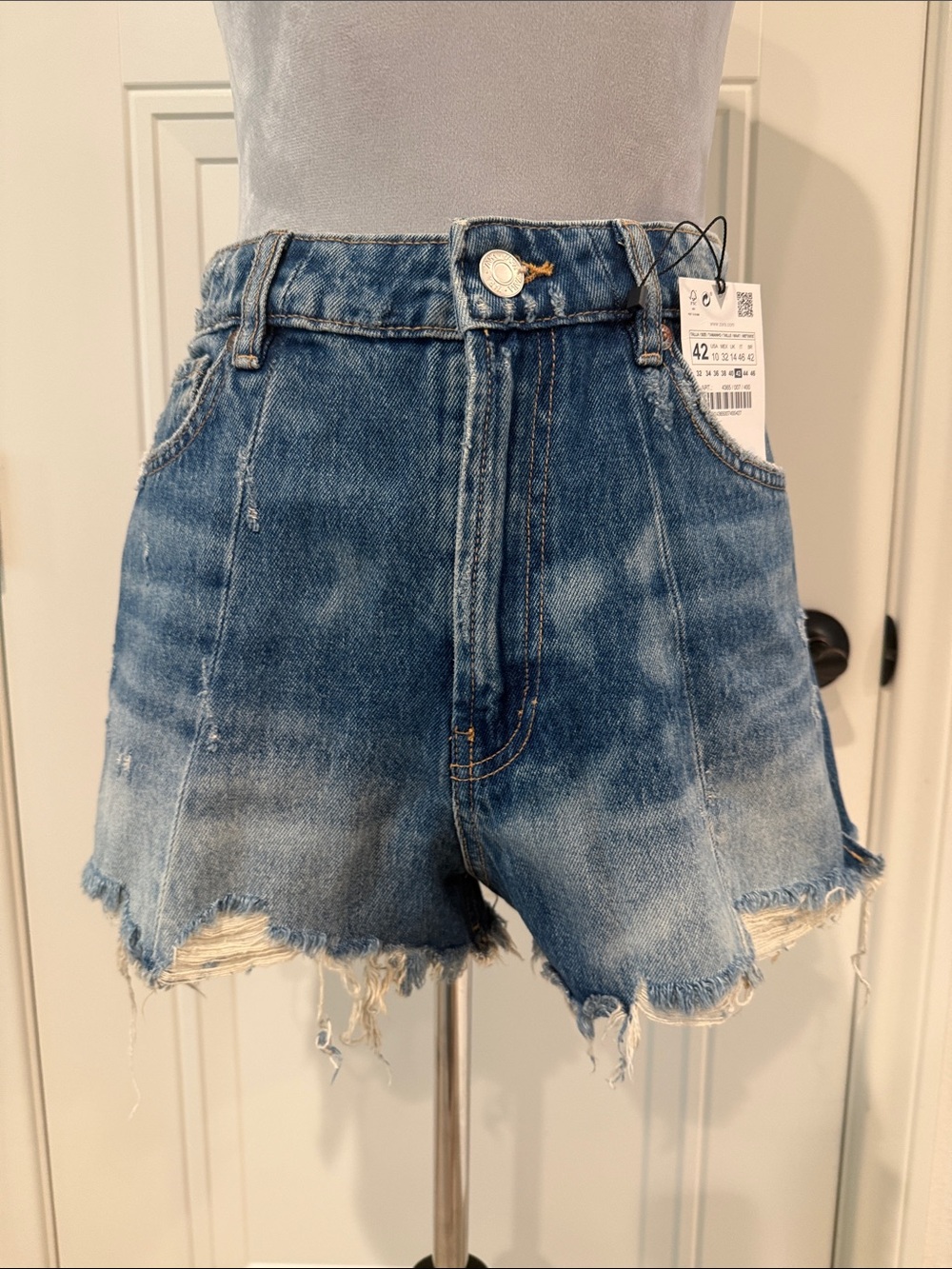 Zara Faded Blue High-Waist Distressed Denim Shorts